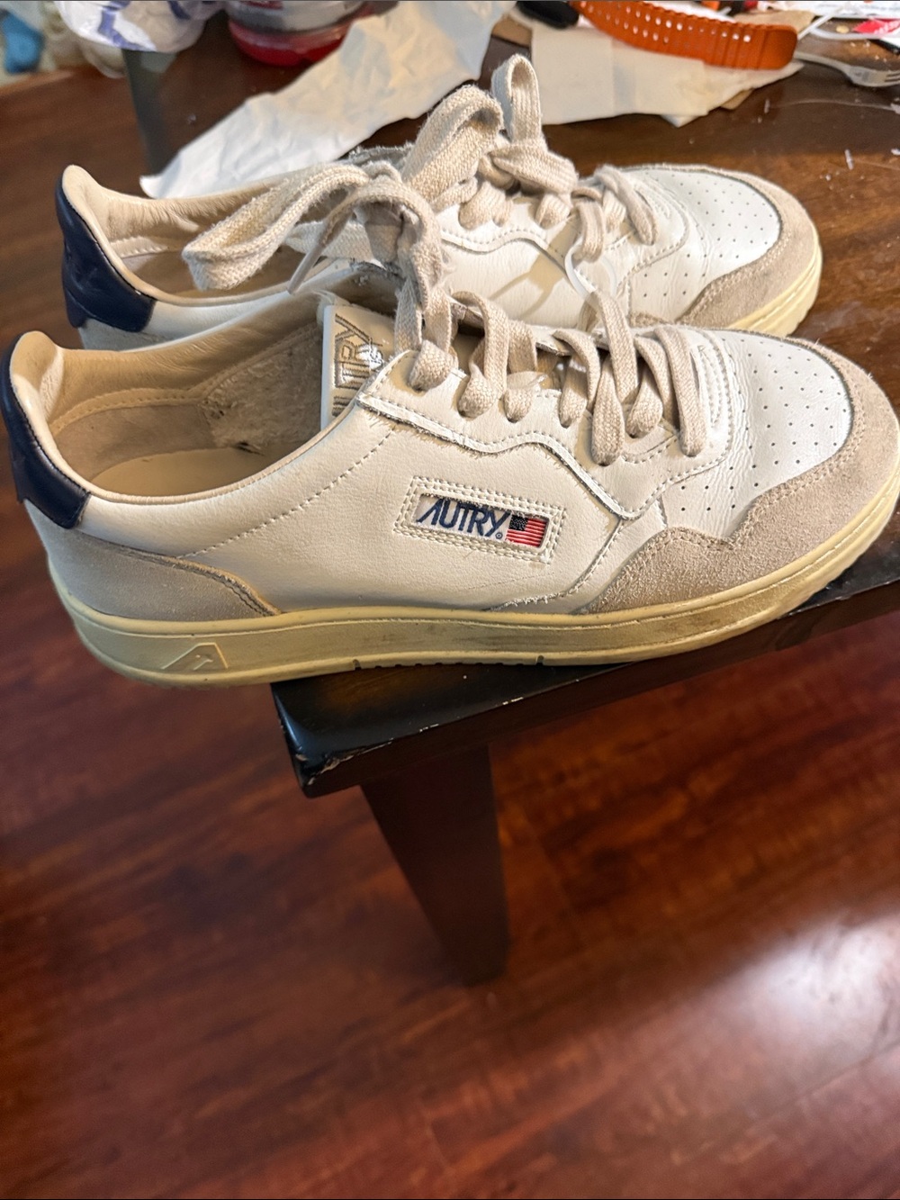 Autry Men’s Low-Top Sneakers in White with Navy Heel